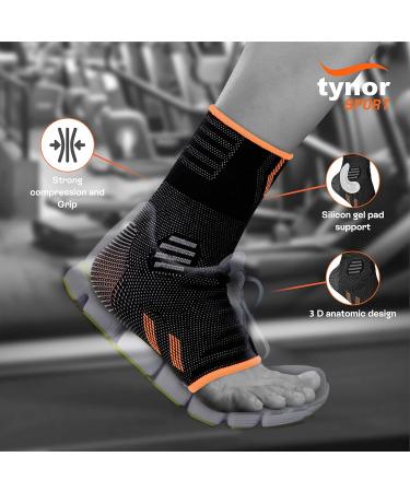 TYNOR Foot & Ankle Brace - Adjustable Neoprene Compression Sleeve for Sprains Tendonitis & Arthritis | Breathable Ankle Support for Sports - Medium Black & Orange - Buy Online on GoSupps.com