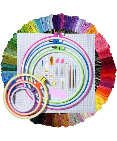 ONESHAW Embroidery Kit 141 Pcs 100 Colors Threads 6 Pcs Embroidery Hoops 2 Pcs Aida Cloth 9 Sewing Pins Cross Stitch Tools and Embroidery Starter Kit for Adults and Kids Beginners 141pcs embroidery kits