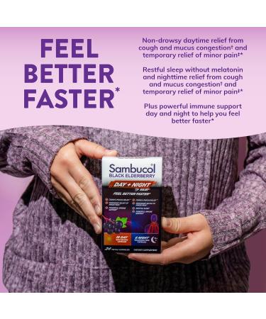 Sambucol Black Elderberry Day & Night Relief - Feel Better Faster, Non-Drowsy Daytime Relief for Men & Women, Restful Sleep for Adults, Melatonin-Free - 24 Capsules, 1 Pack - Buy Online on GoSupps.com