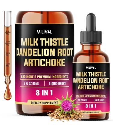 8in1 Milk Thistle Liquid Drops with Dandelion Root Extract, Artichoke Tincture, Turmeric Curcumin, Schisandra Berry, Chanca Piedra, Peppermint and Beet Root - 60 Days Supply - 2 Fl Oz