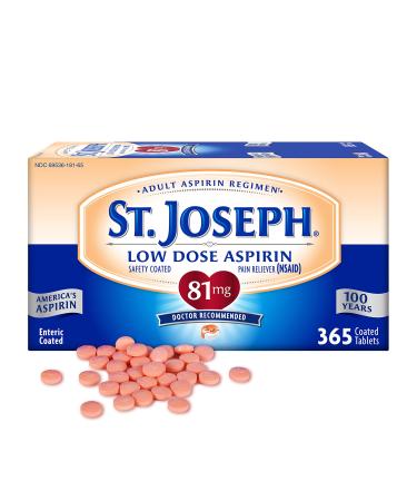 St. Joseph Aspirin Pain Reliever (NSAID) 81mg Enteric Safety Coated Adult Low Dose Regimen 365 ct (1 Year Supply) 365 Count
