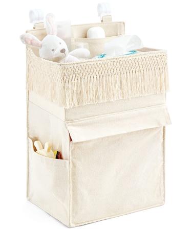 Mkono Diaper Organizer Caddy Macrame Hanging Baby Diaper Storage for Crib Changing Table Baby Essentials Bag Boho Decor Diaper Stacker Holder for Nursery Bedroom, Newborn Gift, Ivory