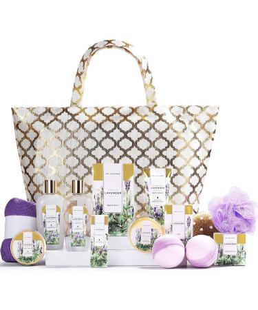 Bade gift set for women spa luxetique 15 tlg. Lavender scent set gifts with shower gel bombs dry hair cap spacious handbag birthday present bathroom set for mother's day gift - Buy Online on GoSupps.com
