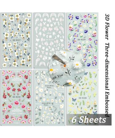 6pcs 5D Flower Nail Art Stickers - Spring/Summer Embossed Design Accessory - Buy Online on GoSupps.com
