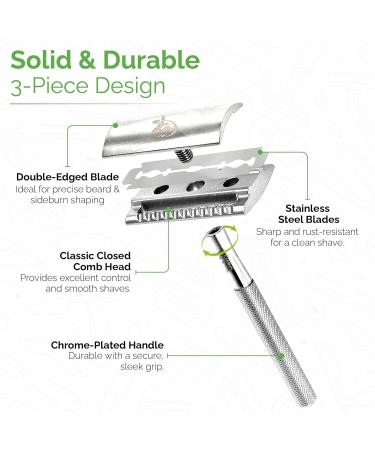 Double Edge Safety Razor - Eco-Friendly Shaving Set with 10 Platinum Coated Blades for Men & Women - Travel-Friendly Reusable Metal Razor - Buy Online on GoSupps.com