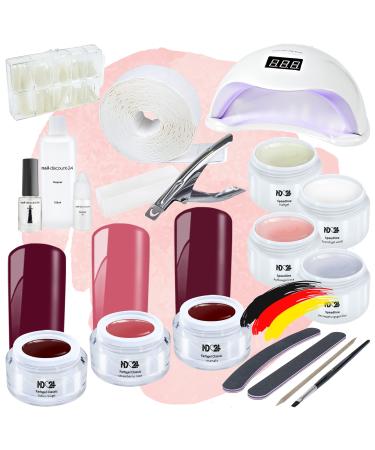 ND24 NAILDESIGN-Gelnail starter set Premium with LED adhesive gel structure gel French gel sealing gel LED lamp & Sweet Cherry Gels-Suitable for beginners-GELE MADE in Germany & Vegan Starter Set Premium + Sweet Cherry GELE