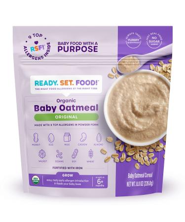 Ready, Set, Food! Organic Baby Oatmeal Cereal | Original Flavor | 15 Servings per Baby Food Pouch | 9 Top Allergens Pre-Mixed Inside (Peanut, Egg, Milk, Cashew, Almond, Walnut, Sesame, Soy, Wheat) | No-Added Sugar | Fortif