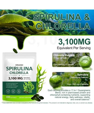 VOGSIG Spirulina Chlorella Capsules 3100MG Per Serving 17-in-1 Supergreens Blend Rich in Protein Chlorophyll Vitamins Supports Energy Immune & Gut Health Easy Absorption 300 Softgels - Buy Online on GoSupps.com