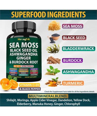 Sea Moss Black Seed Oil Ashwagandha Ginger Organic Sea Moss Capsules with Burdock Root Irish Seamoss Pills with Bladderwrack Turmeric Shilajit Multimineral Supplement USA (120 Capsules) 120 Count (Pack of 1) - Buy Online on GoSupps.com