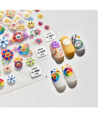 New 5D Stereoscopic Embossed Sun Flower Nail Art Stickers Decals  Candy Color Cartoon Smiling Face Sun Flower Colorful Flower Self-Adhesive Nail Stickers for Nail Art Decoration (3 Sheets) Sun Flower Smiley