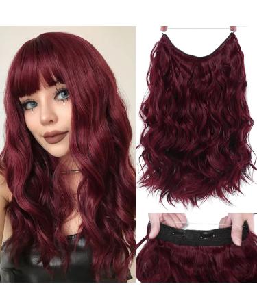 Halo Hair Extensions Thick Invisible Wire Hair Extensions with Transparent Headband Burgundy Wine Red Hairpieces 4 Types Adjustable Headwidth Size 18 Inches Wavy Curly Long Artificial Human Hair Hairpiece for Women Girls...