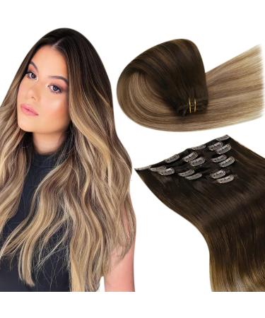 Laavoo brown real hair extensions clip balayage clip in extensions real hair hair extension real hair remy clip in dark brown ombre medium brown and ashblond 45cm 105g 7PCs #2/6/18 45cm-105g 3.3 #2/6/18