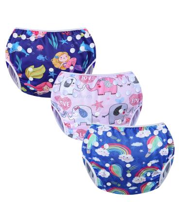 MIXIDON Reusable Swim Nappy Baby Swimming Nappies Adjustable Size Washable Nappy for Swimming Lesson 0-3 Years Mermaid+Rainbow+Elephant