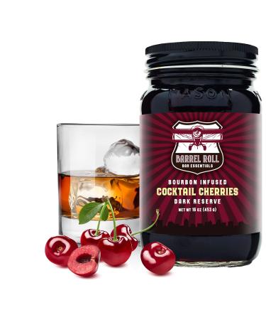 Barrel Roll Bar Essentials Cocktail Cherries - Premium Bourbon-Infused Dark Cherries for Cocktails Alcoholic Drinks Cheese Plates Ice Cream Toppings - Slow-Cooked USA-Made Garnish - Large 16oz Jar Dark Reserve 16 Ounce (Pack of 1)