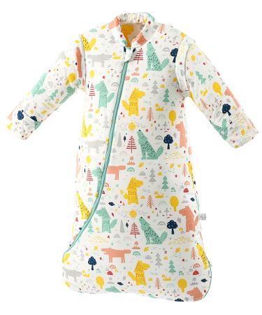 Kids Baby Sleeping Bag 3.5 Tog with Detachable Long Sleeves Winter Animal Wolf Cotton Toddler Baby Sleeper Swaddles Front Double Zipper Baby Grow Bag 12-24 Months