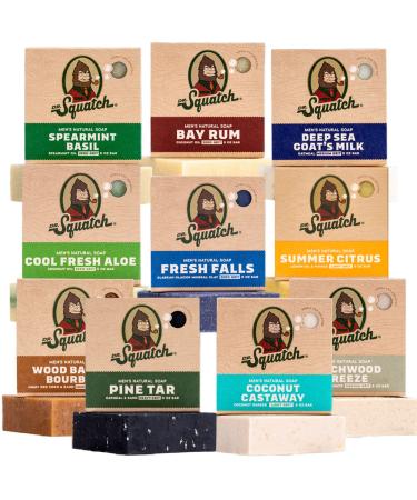 Dr. Squatch Men's Bar Soap Gift Set (10 Bars)   Men's Natural Bar Soap - Pine Tar Soap  Bay Rum Soap  Fresh Falls  Wood Barrel Bourbon  Birchwood Breeze  Coconut Castaway  Summer Citrus and more 10 Bar Set 4