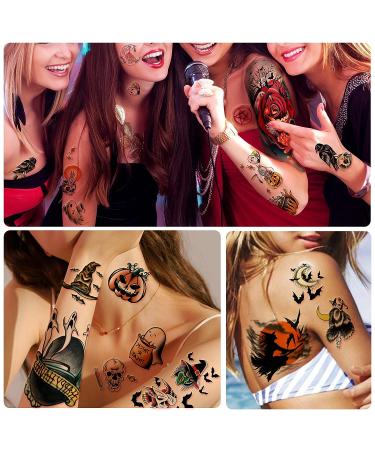 Yazhiji 40 Sheets Halloween Temporary Tattoos - Pumpkin Witch Sugar Skull Family Set for Men, Women, Boys, Girls - Waterproof and Realistic Zombie Makeup Kit for Parties - Buy Online on GoSupps.com