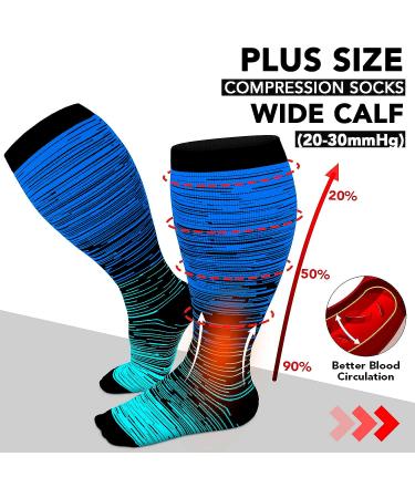 Refeel Plus Size Compression Socks 20-30 mmHg - Wide Calf Knee-High Support Stockings for Women & Men, 3X-Large, Medical Grade (Gray/Dark Blue/Light Blue) - Buy Online on GoSupps.com