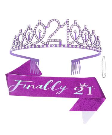 21st Birthday Decorations for Her "Finally 21" Birthday Sash and Rhinestone Crown Tiara Set for Girls 21st Birthday Gifts for Happy 21st Birthday Party Favor Supplies (purple)