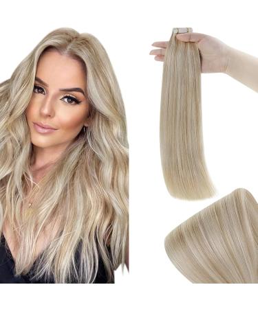 RUNATURE Blonde Tape in Hair Extensions Human Hair Highlight Ash Blonde Tape in Hair Extensions Real Human Hair Tape in Extensions Blonde 18 Inch 50 Gram 18 Inch 1-Tape #18AP60