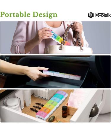 BoxSIK Weekly Pill Organizer - Premium 7 Compartment Tablet Box for Vitamins & Supplements - Travel Friendly Food-Grade Rainbow Colors - Buy Online on GoSupps.com