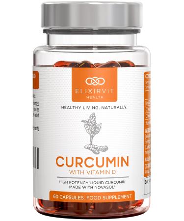 Elixirvit Liquid Curcumin with Vitamin D 185x More Bioavailable Than Typical Turmeric/Curcumin Supplements Advanced Turmeric Extract with NovaSOL 60 High Strength Capsules