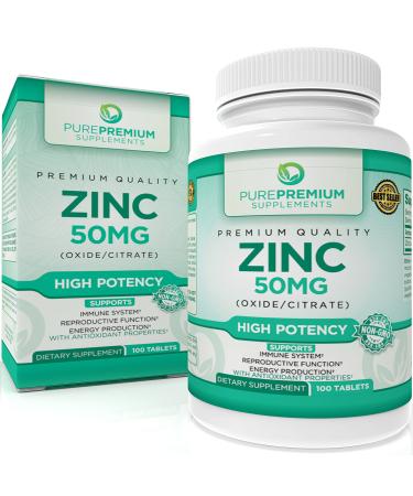 PurePremium Zinc Supplement, Antioxidant, Zinc Oxide/Citrate, Non-GMO, Zinc 50mg, Zinc Immune Support for Adults, Zinc Supplements for Men & Women 100 Tablets