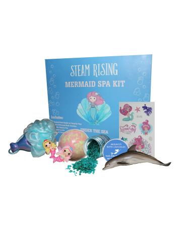 Mermaid Bath Toy Spa Kit | Mermaid Bath Bombs and Bath Crackles w/ Dolphin Toy  Mermaid Rings  Cute Tattoos & Loofah | Excellent Girls Mermaid Birthday Gift | Safe with Natural & Organic Ingredients