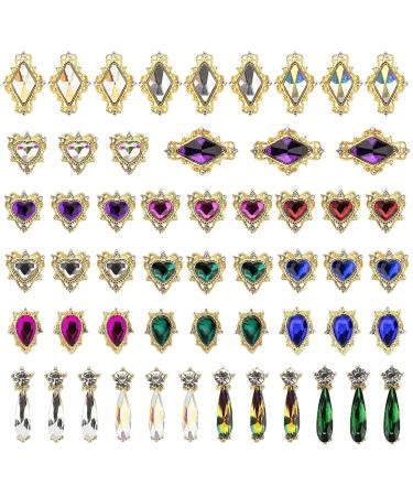 JIEPING 54PCS Nail Art Rhinestones 3D Nail Charms Gems Decorations  Big AB Iridescent Crystal Jewels Gold Chrome Metal Alloy Hearts Drops Charm for DIY Multiple shapes colorful gem