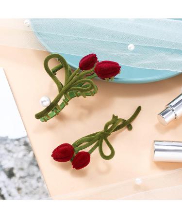 OIIKI Tulip Flower Hair Claw Clips with Pearl 2pcs - Large Red Tulip Metal Claw Clip for Thick Thin Hair - Fashion Grips Jaw Accessories - Buy Online on GoSupps.com