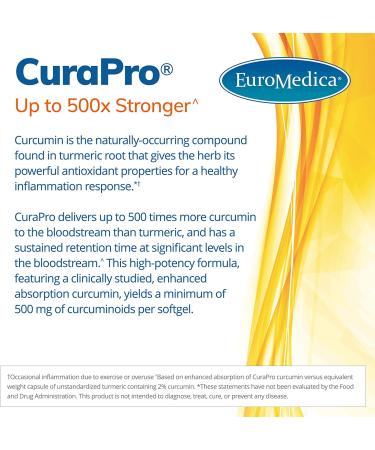 EuroMedica CuraPro 750mg 120 Softgels - High Potency Turmeric Curcumin Supplement for Liver, Brain, Heart & Immune Support - 120 Servings - Buy Online on GoSupps.com