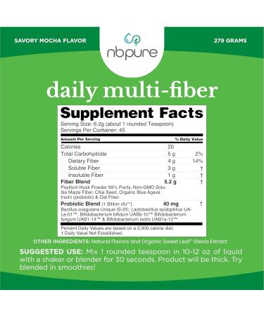 nbpure Daily Fiber Powder Blend for Digestive Health, Cholesterol Support, Healthy Weight Management - with Prebiotic, Insoluble, Soluble Fiber + 4 Probiotic Strains, Savory Mocha, Gusset, 45 Servings Savory Mocha 9.52 Ounc  - Buy Online on GoSupps.com