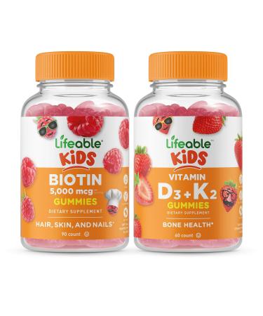 Lifeable Biotin Kids + Vitamin D3 + Vitamin K2 Kids Gummies Bundle - Great Tasting Vitamin Supplement Gluten Free GMO Free Chewable Gummy