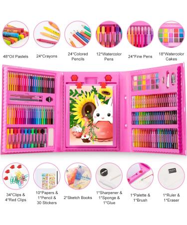 240-Piece Drawing Art Kit with Double Sided Trifold Easel - Pink | Oil Pastels, Crayons, Colored Pencils, Watercolor Cakes & Sketch Pad | Perfect Art Supplies Gift Set - Buy Online on GoSupps.com