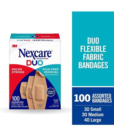 Nexcare DUO Bandages Flexible Fabric 100 count - Strong Hold for Summer Activities - Pain Free Removal - Assorted Sizes - Buy Online on GoSupps.com