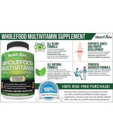 Nutrivein Whole Food Multivitamin - Natural Daily Vitamins for Men and Women - Real Raw Veggies Fruits Vitamin E B Complex - 30 Day Supply - 120 Capsules - Buy Online on GoSupps.com