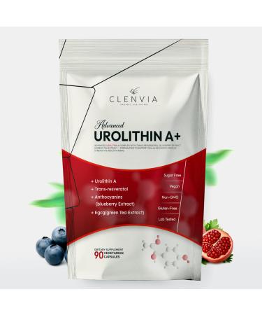 CLENVIA Longevity+ Urolithin A Supplement Urolithin A+ with Trans-Resveratrol Blueberry Extract & Green Tea EGCG Cellular Energy Muscle Strength & Healthy Aging Vegan Non-GMO 90 Capsules