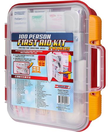 Rapid Care First Aid 804-15-12 100 Person 376 Piece Emergency First Aid Kit  Exceeds 2015 OSHA/ANSI Standards  Wall Mountable  Multi Compartment with Easy Access Tilt Trays Clear/Red Meets OSHA / ANSI 2015 - Buy Online on GoSupps.com