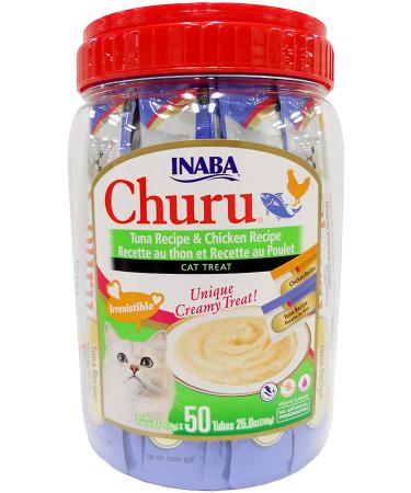 INABA Churu Lickable Creamy Purée Cat Treats Tuna Recipe and Chicken Recipe Canister of 50 Tubes
