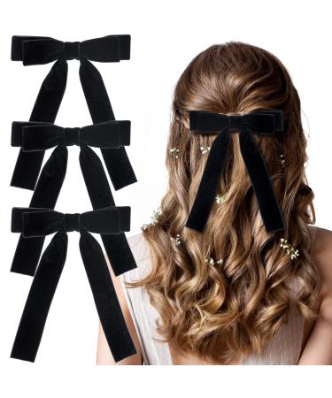 HINZIC 3Pcs Velvet Hair Bow Clips Black Hair Bows Hair Ribbons Hair Styling Accessories for Women Girls Teens