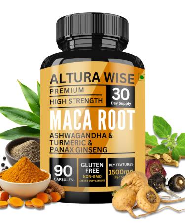 AlturaWise 5 in 1 Pure Maca Root Capsules for Men and Women | Maca Root Powder Capsules with Black + Red + Yellow Maca Root with ashwagandha panax Ginseng Extract Supplement - 90 Vegan Pills