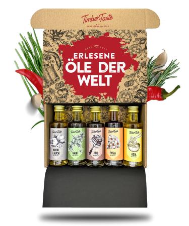 Timber Taste oil gift set women & men world - 5 exquisite food oils 5x40ml - Kochbox Koch Set - High -quality oils spices gift set - gift box for you & her - special gift sets of the world