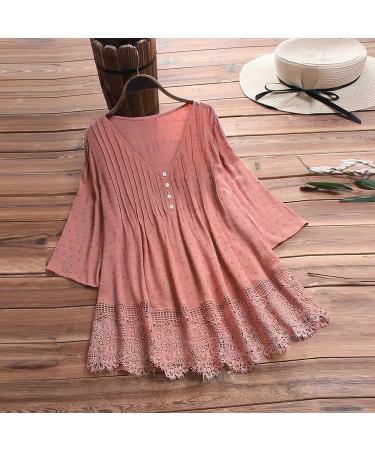 Angxiwan Plus Size Pink V Neck Button Blouse | 3/4 Sleeve Lace Hem Tunic Top XXL - Buy Online on GoSupps.com