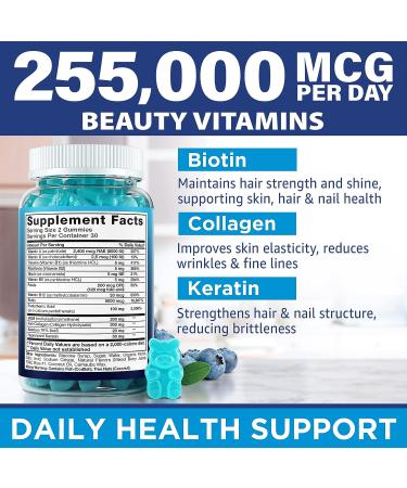 Natural Hair Vitamins Gummies with Biotin, Collagen & Keratin - Made in USA for Hair, Skin & Nails - Anti Aging Multivitamin for Men & Women - 60pcs - Buy Online on GoSupps.com