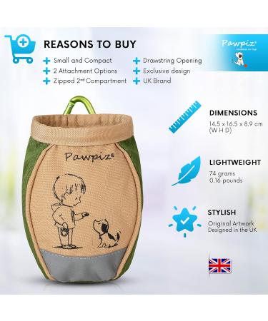 Pawpiz Dog Treat Pouch | Cute Clip-on Dog Treat Bag with Waist Clip Carabiner & Side Pocket | Waterproof Lining & Water-Resistant Shell | UK Brand (Khaki & Olive Green) - Buy Online on GoSupps.com