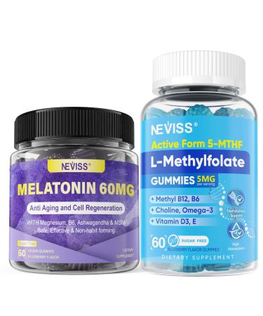 NEVISS 1Pack Antioxidant & Brain Support Melatonin 60mg Gummies with 2Pack L Methylfolate & Methyl B12 Gummies for Methylation Fucus Mood Energy