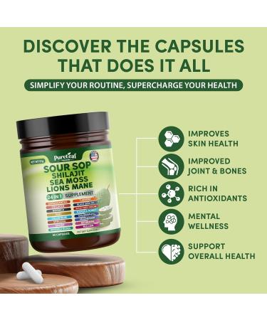 PureLeaf Naturals - Soursop Shilajit Sea Moss and Lions Mane - 24-in-1 Supplement with Ashwagandha Black Seed Oil Rhodiola Rosea Ginger Collagen Turmeric - Made in USA - 60 Capsules - Buy Online on GoSupps.com
