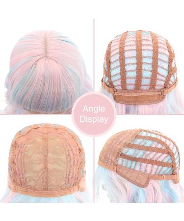 Faelbaty Pink Short Wave Bob Wig - Pony Curly Synthetic Cosplay Wig for Girls & Women - Shoulder-Length Candy Color Costume Wig (12 Mixed Blue & Pink) - Buy Online on GoSupps.com