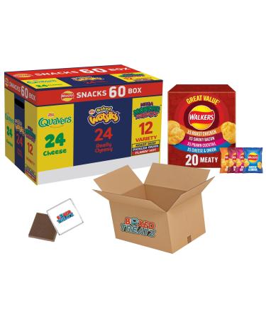 Walkers Crisps Snack Variety Box Bundle Pack Of 60 + Walkers Meaty Variety Multipack Crisps Pack Of 20x25g (Total 80 Snacks) Boxed Treatz