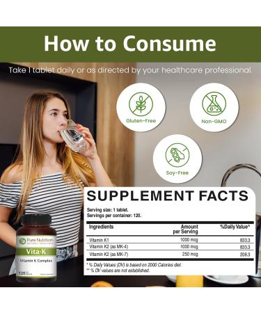 Pure Nutrition Vitamin K Complex K1 + K2 | 2250 mcg | 120 Tab | Full Spectrum K Vitamin Supplement with K1 1000mcg K2 as MK4 1000mcg + K2 as MK7 250 mcg | Non GMO | Gluten Free - Buy Online on GoSupps.com